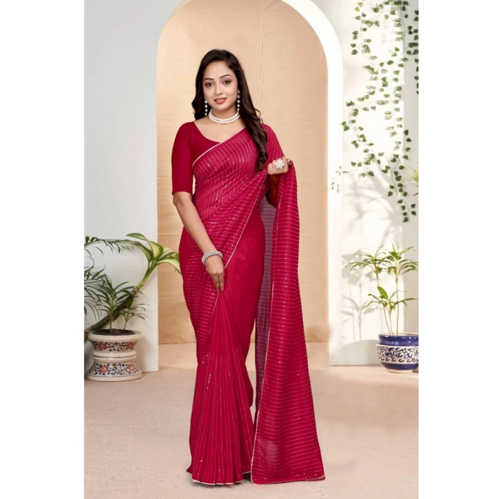 Snuggle Spot Women's Vichitra Silk Striped Saree With Unstitched Blouse 5.5Mtr (Pink)