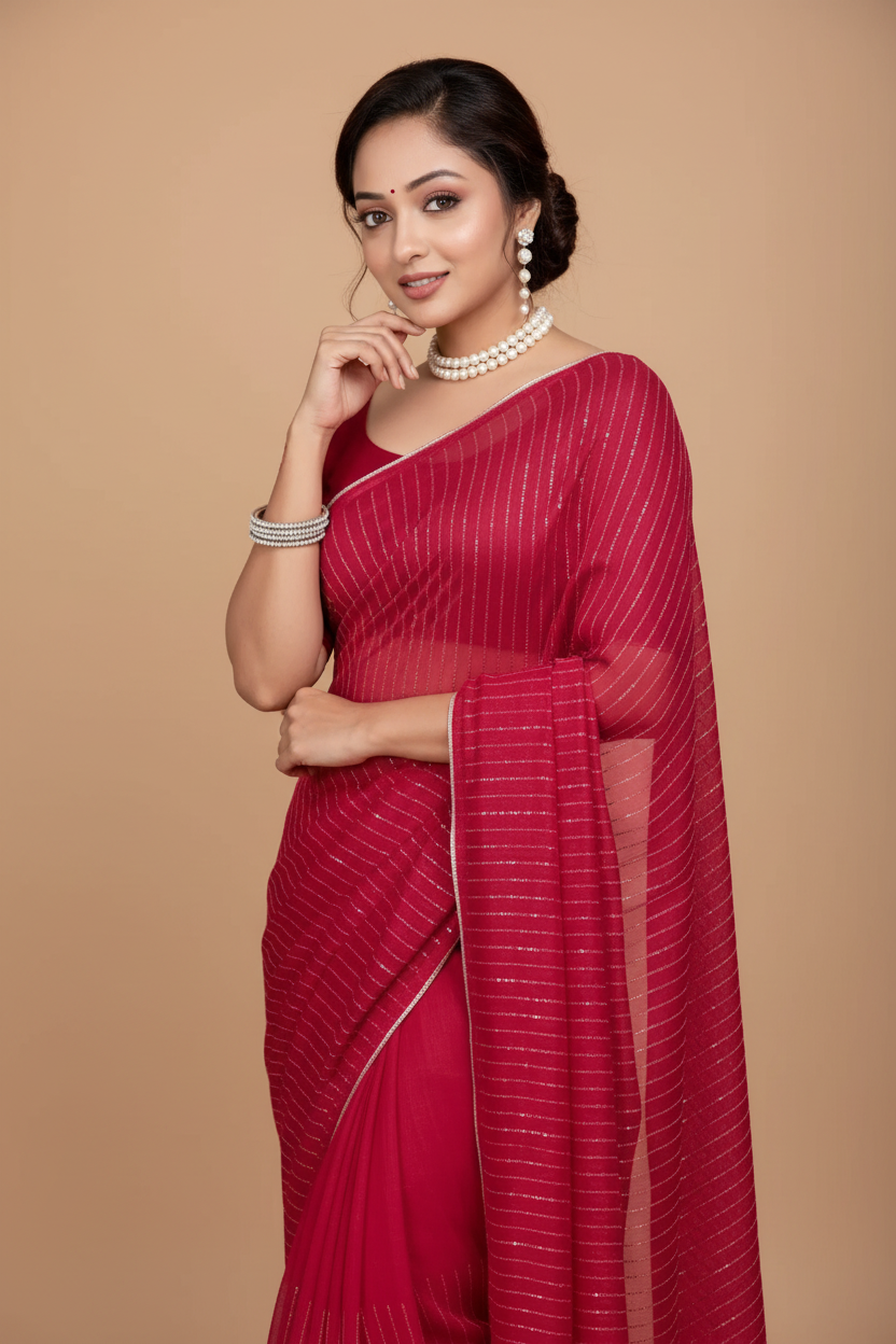 Snuggle Spot Women's Vichitra Silk Striped Saree With Unstitched Blouse 5.5Mtr (Pink)