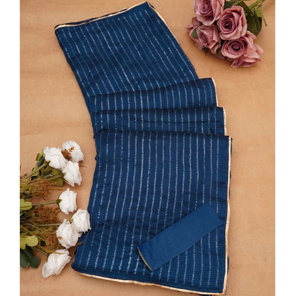 Snuggle Spot Women's Vichitra Silk Striped Saree With Unstitched Blouse 5.5Mtr (Blue)
