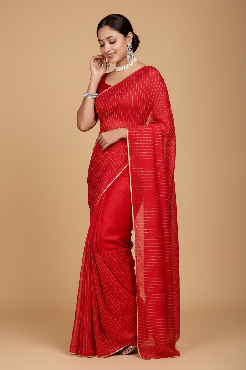 Snuggle Spot Women's Vichitra Silk Striped Saree With Unstitched Blouse 5.5Mtr (Red)