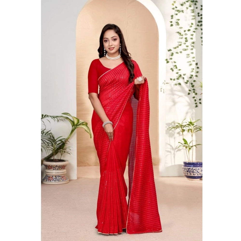Snuggle Spot Women's Vichitra Silk Striped Saree With Unstitched Blouse 5.5Mtr (Red)