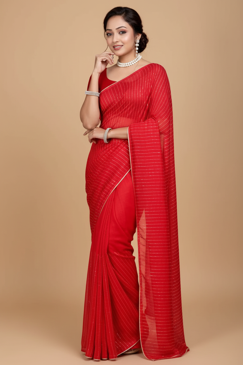 Snuggle Spot Women's Vichitra Silk Striped Saree With Unstitched Blouse 5.5Mtr (Red)