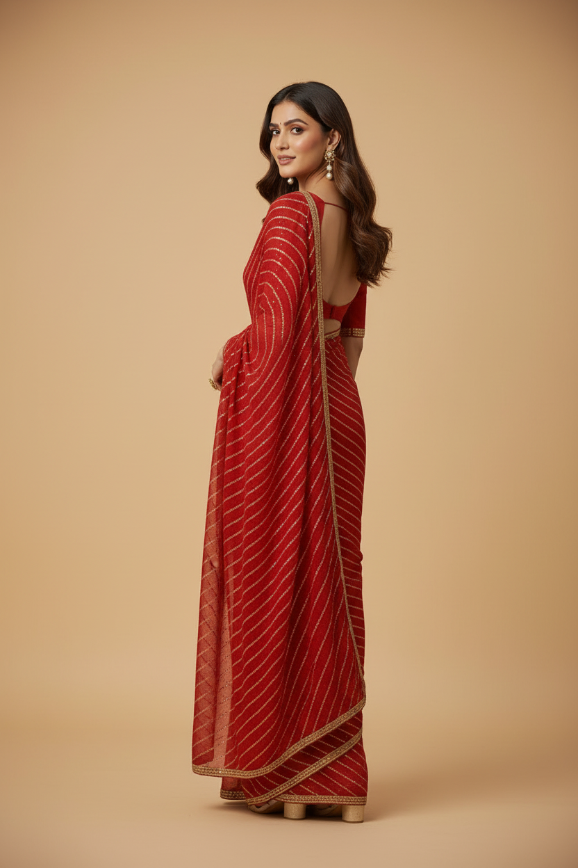 Snuggle Spot Women's Vichitra Silk Striped Saree With Unstitched Blouse 5.5Mtr (Red)
