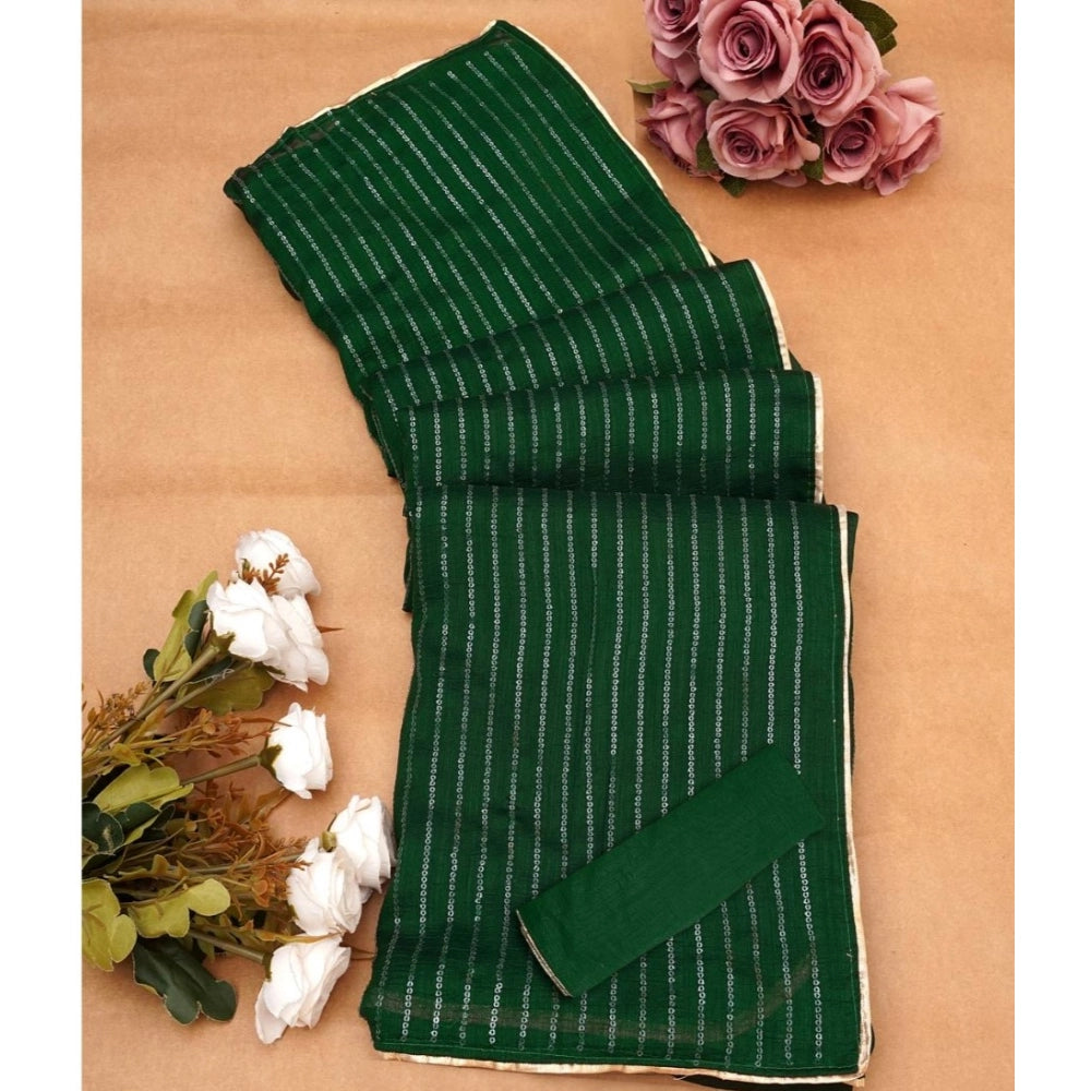 Snuggle Spot Women's Vichitra Silk Striped Saree With Unstitched Blouse 5.5Mtr (Green)