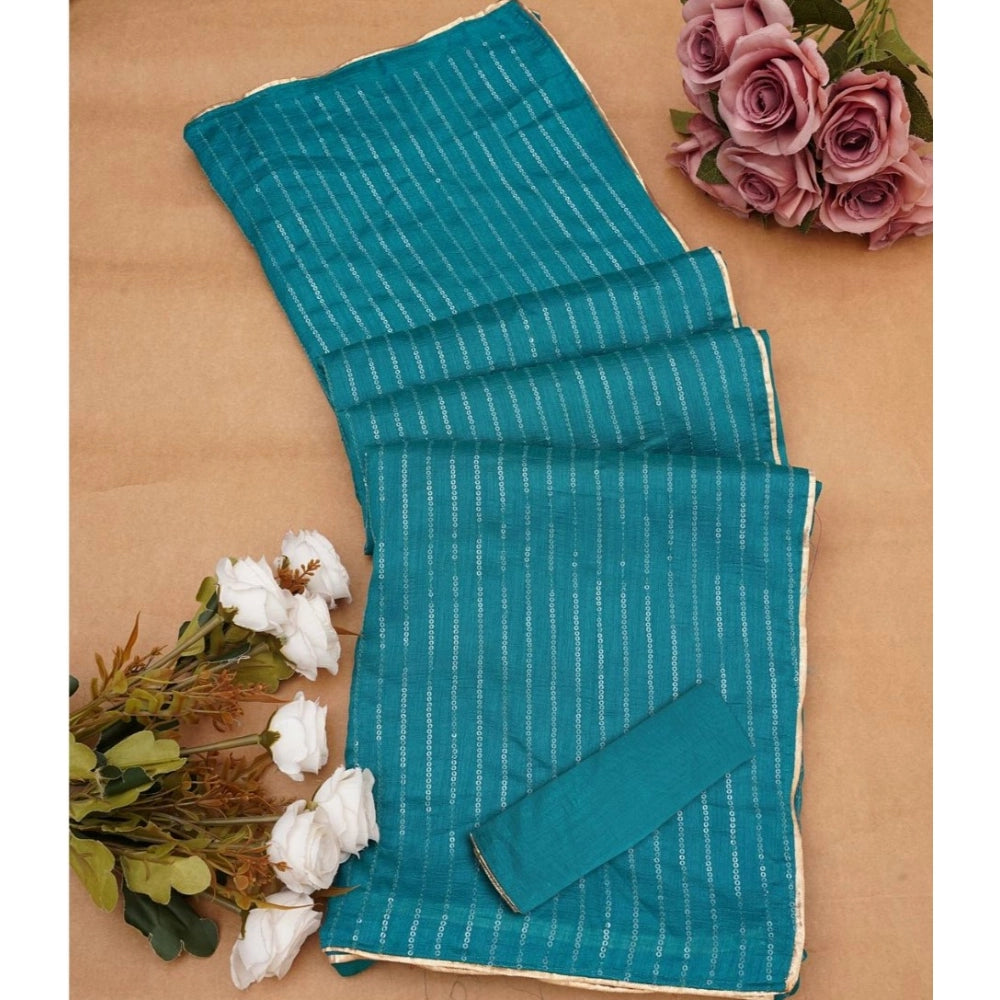 Snuggle Spot Women's Vichitra Silk Striped Saree With Unstitched Blouse 5.5Mtr (Sky Blue)