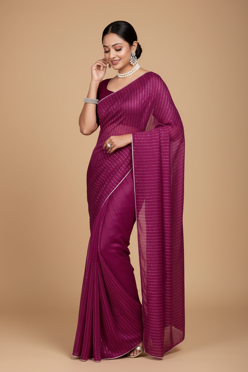 Snuggle Spot Women's Vichitra Silk Striped Saree With Unstitched Blouse 5.5Mtr (Purple)