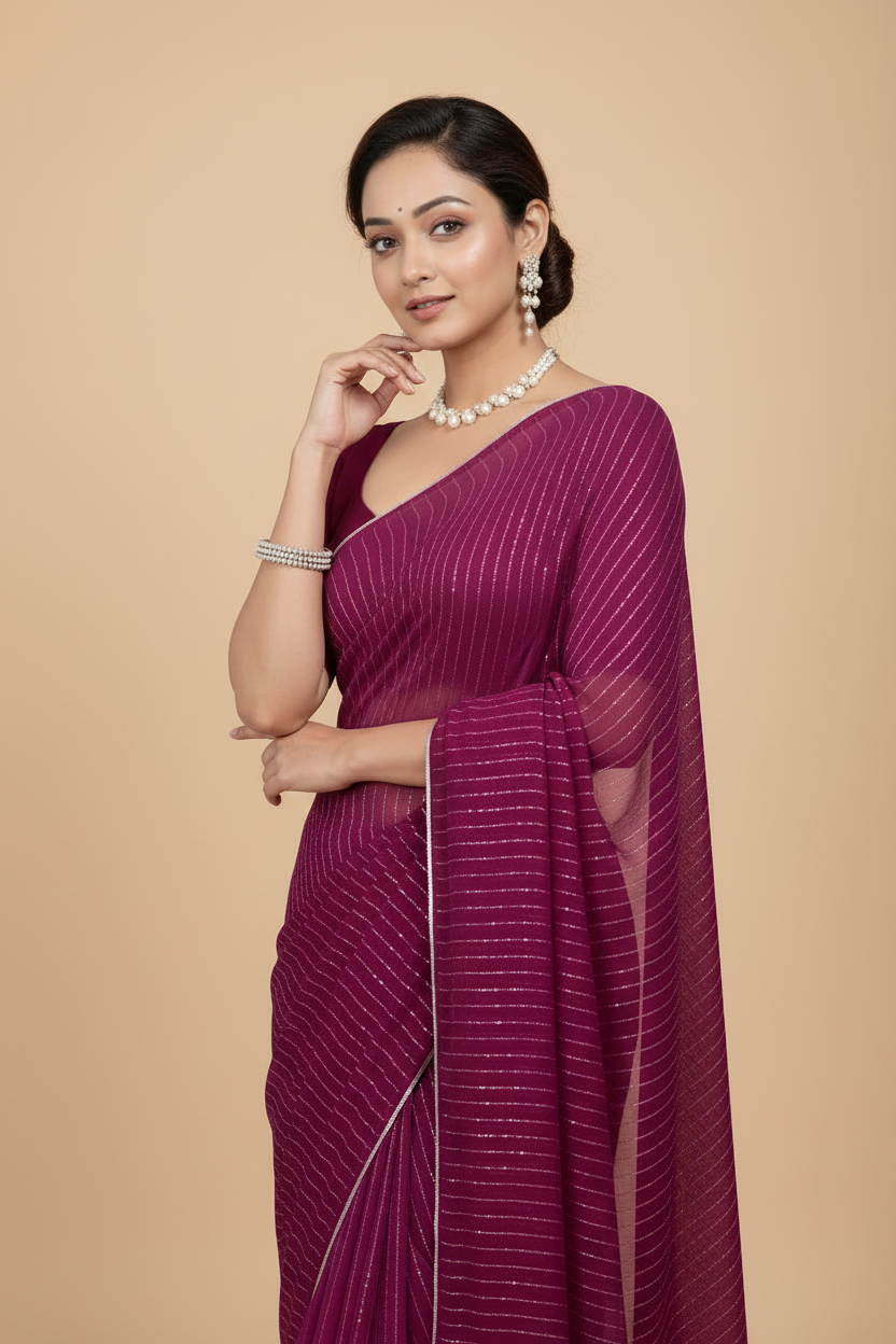 Snuggle Spot Women's Vichitra Silk Striped Saree With Unstitched Blouse 5.5Mtr (Purple)