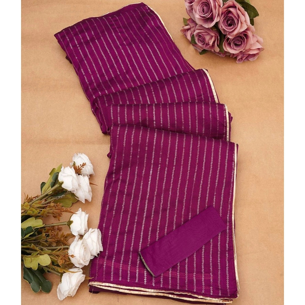 Snuggle Spot Women's Vichitra Silk Striped Saree With Unstitched Blouse 5.5Mtr (Purple)