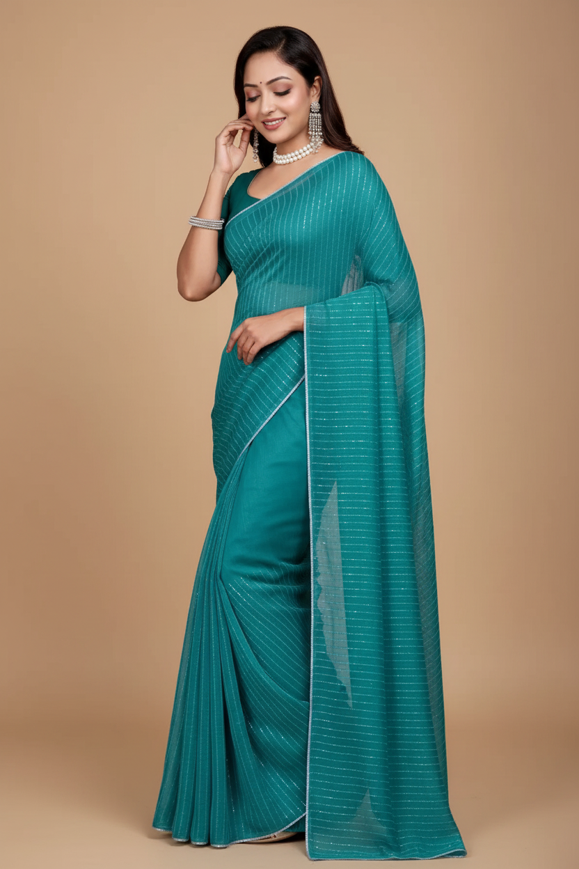 Snuggle Spot Women's Vichitra Silk Striped Saree With Unstitched Blouse 5.5Mtr (Sky Blue)