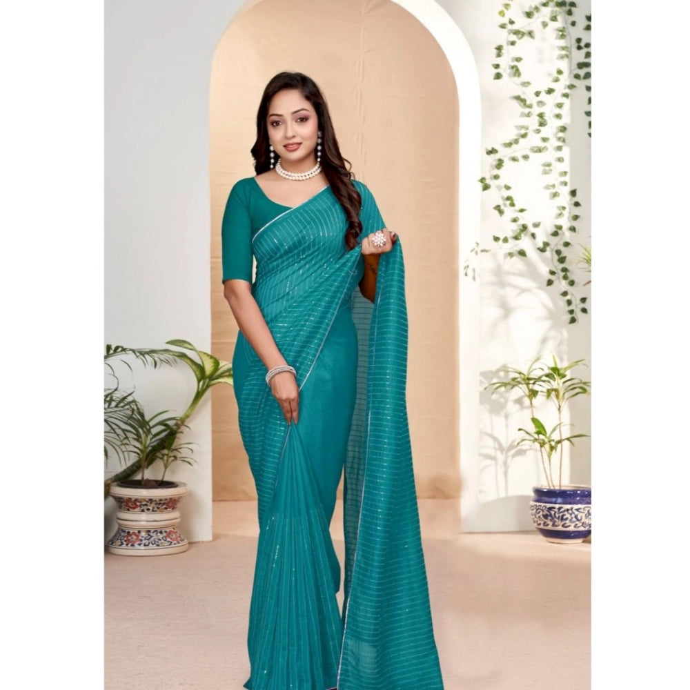 Snuggle Spot Women's Vichitra Silk Striped Saree With Unstitched Blouse 5.5Mtr (Sky Blue)