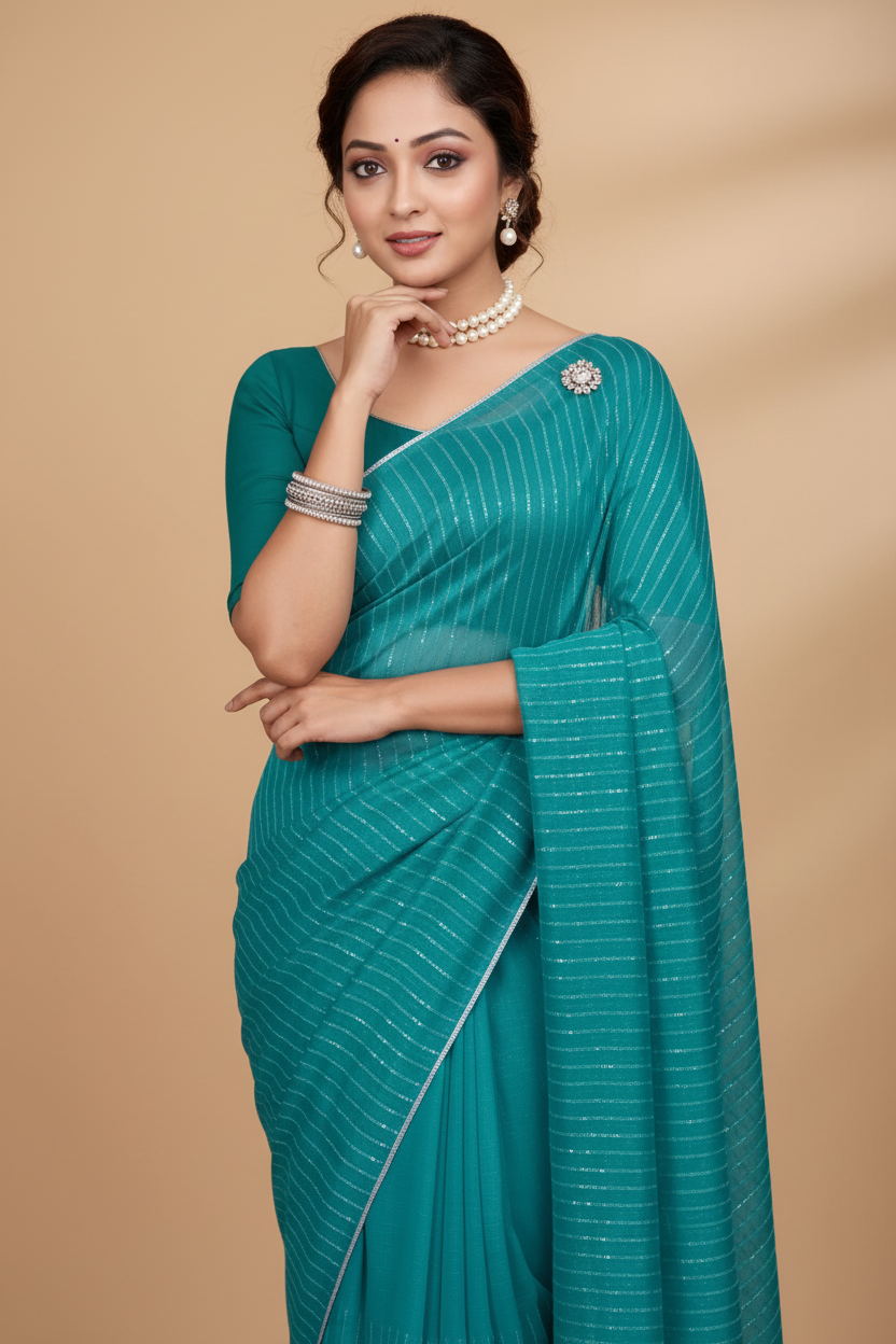 Snuggle Spot Women's Vichitra Silk Striped Saree With Unstitched Blouse 5.5Mtr (Sky Blue)