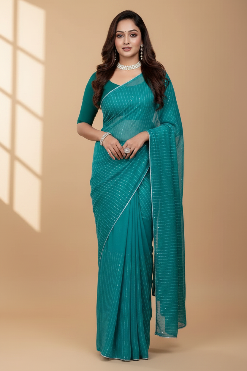 Snuggle Spot Women's Vichitra Silk Striped Saree With Unstitched Blouse 5.5Mtr (Sky Blue)