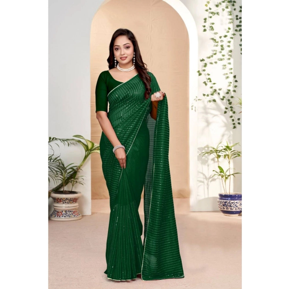 Snuggle Spot Women's Vichitra Silk Striped Saree With Unstitched Blouse 5.5Mtr (Green)