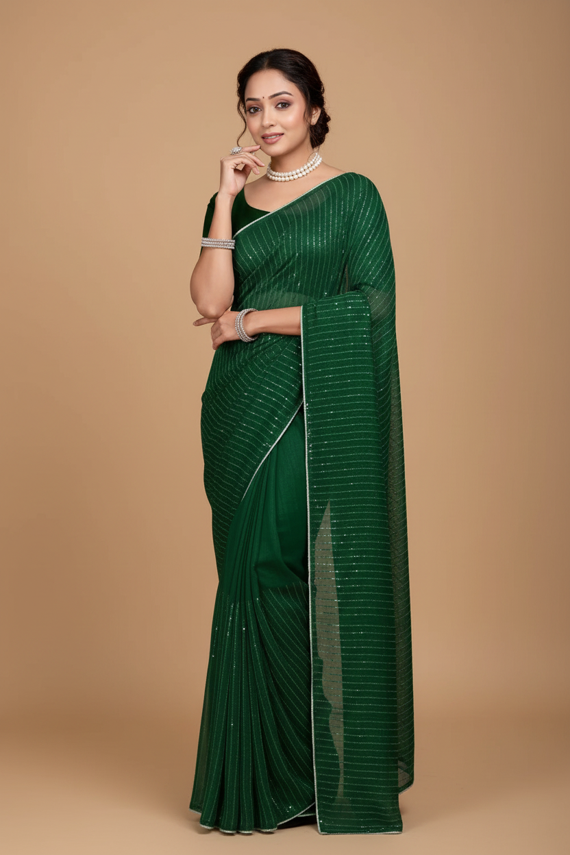 Snuggle Spot Women's Vichitra Silk Striped Saree With Unstitched Blouse 5.5Mtr (Green)
