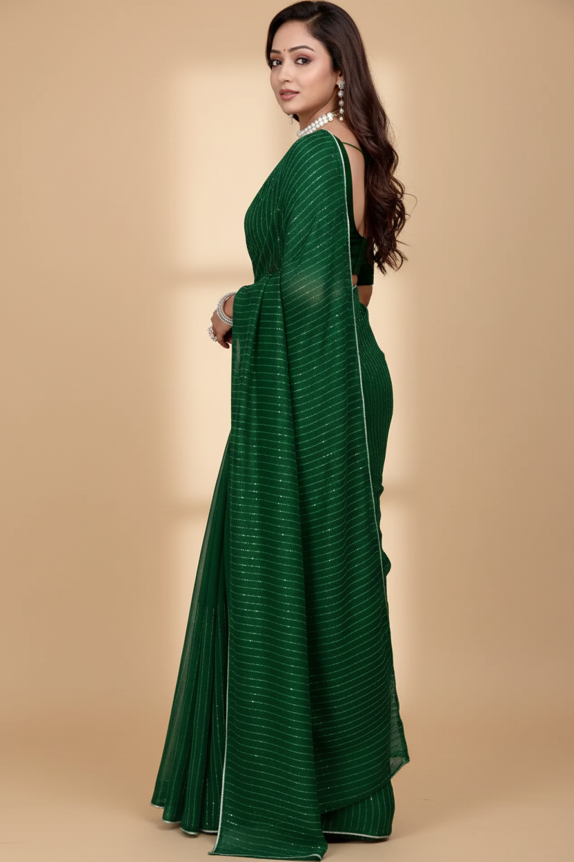 Snuggle Spot Women's Vichitra Silk Striped Saree With Unstitched Blouse 5.5Mtr (Green)
