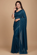 Snuggle Spot Women's Vichitra Silk Striped Saree With Unstitched Blouse 5.5Mtr (Blue)