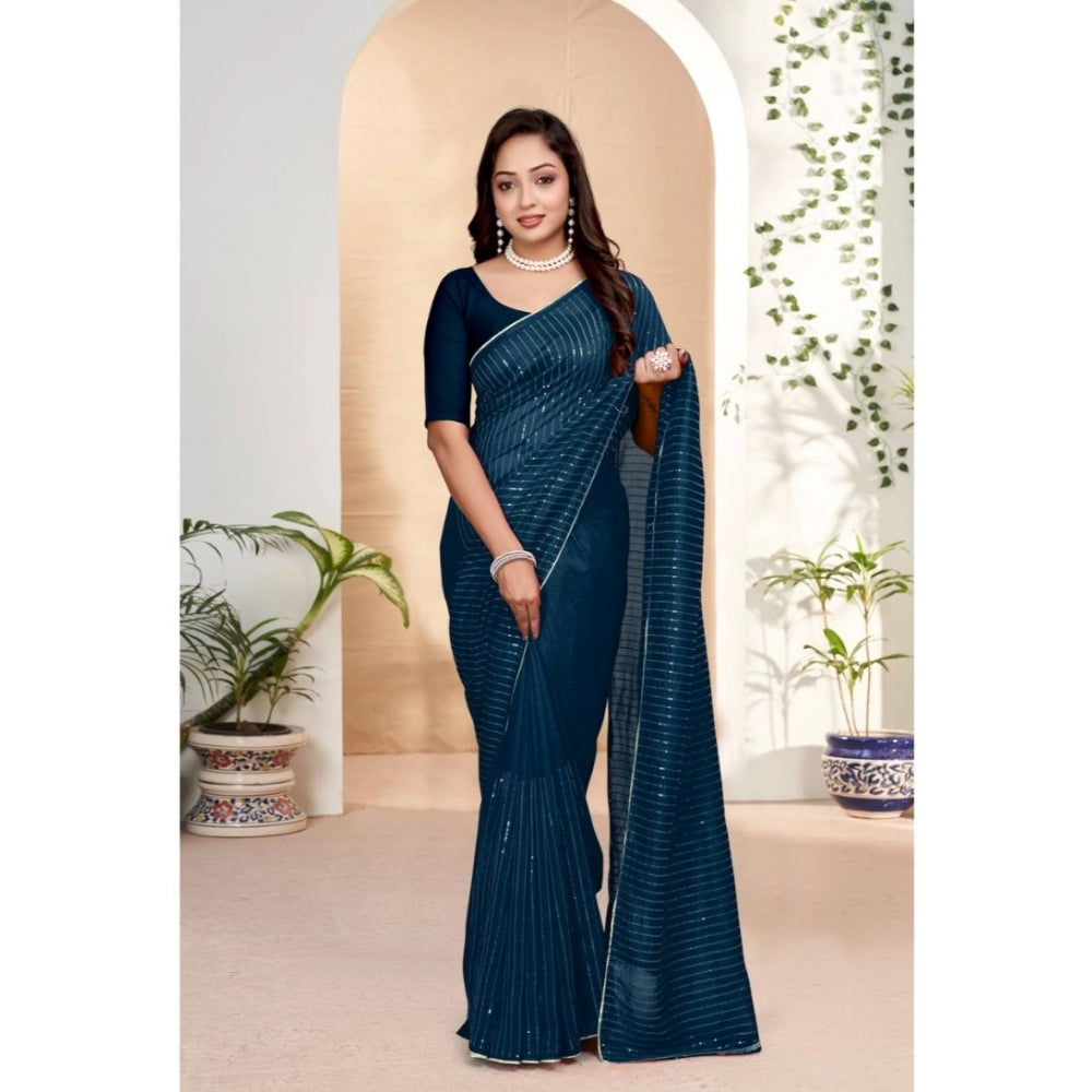 Snuggle Spot Women's Vichitra Silk Striped Saree With Unstitched Blouse 5.5Mtr (Blue)