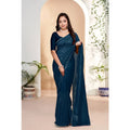Snuggle Spot Women's Vichitra Silk Striped Saree With Unstitched Blouse 5.5Mtr (Blue)