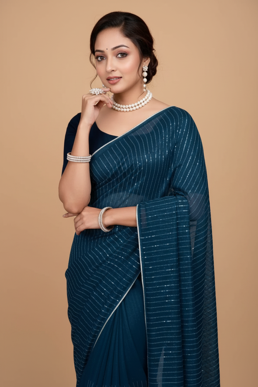 Snuggle Spot Women's Vichitra Silk Striped Saree With Unstitched Blouse 5.5Mtr (Blue)
