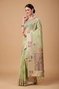 Snuggle Spot Women's Linen Cotton Printed Saree With Unstitched Blouse 5.5Mtr (Light Green)