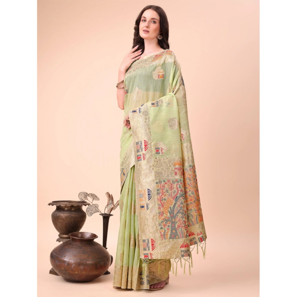 Snuggle Spot Women's Linen Cotton Printed Saree With Unstitched Blouse 5.5Mtr (Light Green)