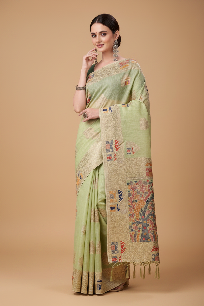 Snuggle Spot Women's Linen Cotton Printed Saree With Unstitched Blouse 5.5Mtr (Light Green)
