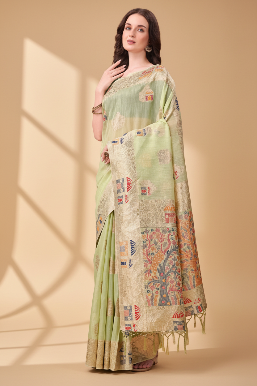 Snuggle Spot Women's Linen Cotton Printed Saree With Unstitched Blouse 5.5Mtr (Light Green)
