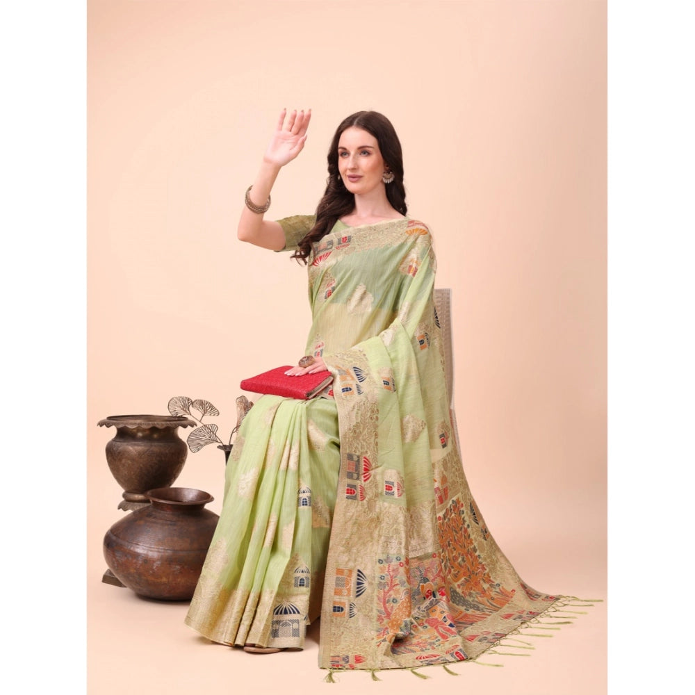 Snuggle Spot Women's Linen Cotton Printed Saree With Unstitched Blouse 5.5Mtr (Light Green)