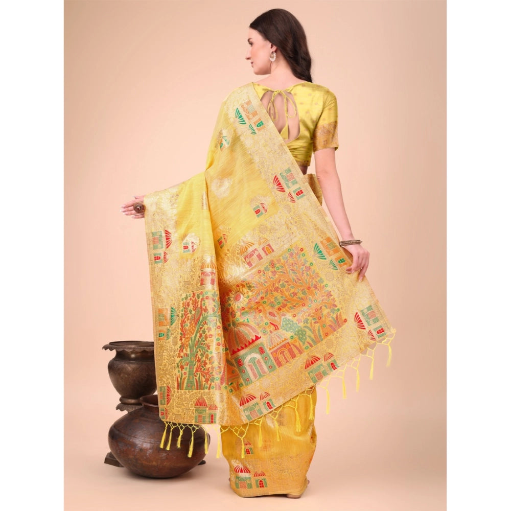Snuggle Spot Women's Linen Cotton Printed Saree With Unstitched Blouse 5.5Mtr (Yellow)