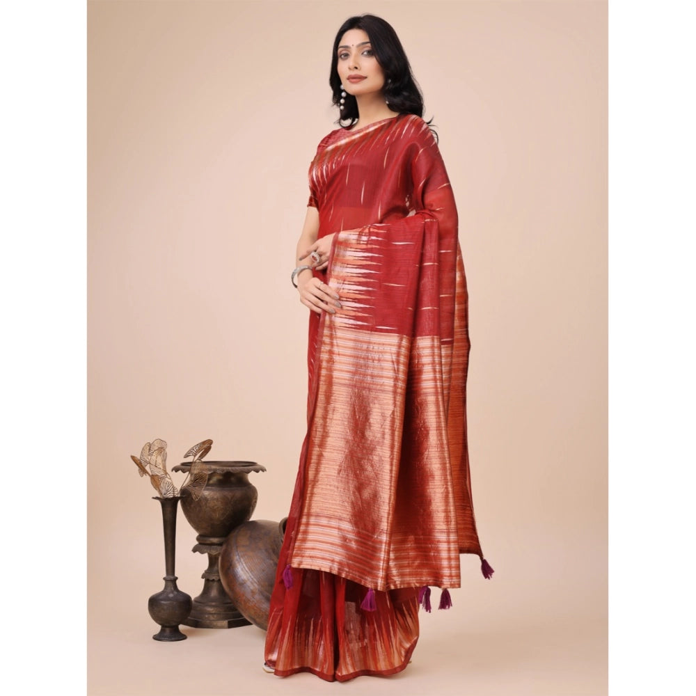 Snuggle Spot Women's Linen Cotton Printed Saree With Unstitched Blouse 5.5Mtr (Red)