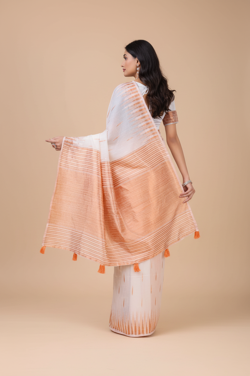 Snuggle Spot Women's Linen Cotton Printed Saree With Unstitched Blouse 5.5Mtr (White)