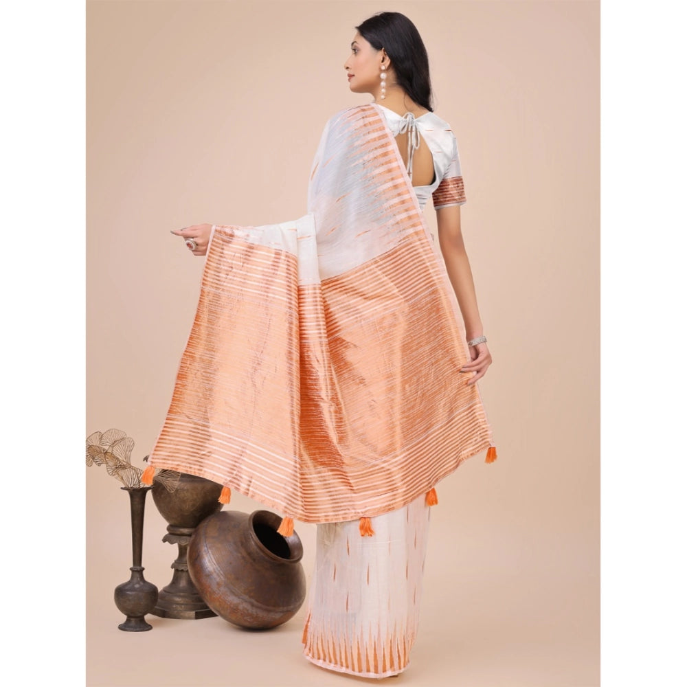 Snuggle Spot Women's Linen Cotton Printed Saree With Unstitched Blouse 5.5Mtr (White)