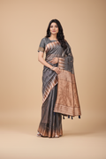 Snuggle Spot Women's Linen Cotton Printed Saree With Unstitched Blouse 5.5Mtr (Grey)