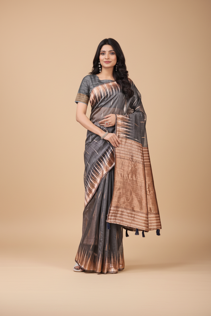 Snuggle Spot Women's Linen Cotton Printed Saree With Unstitched Blouse 5.5Mtr (Grey)