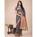 Snuggle Spot Women's Linen Cotton Printed Saree With Unstitched Blouse 5.5Mtr (Grey)