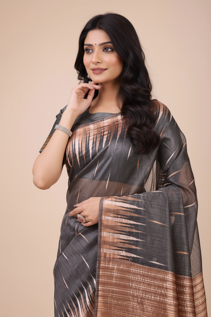 Snuggle Spot Women's Linen Cotton Printed Saree With Unstitched Blouse 5.5Mtr (Grey)