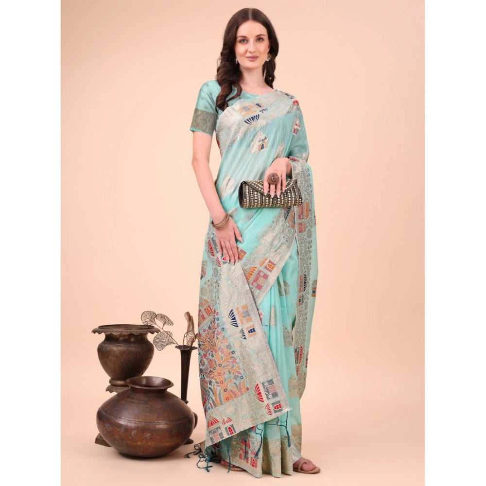 Snuggle Spot Women's Linen Cotton Printed Saree With Unstitched Blouse 5.5Mtr (Sky Blue)