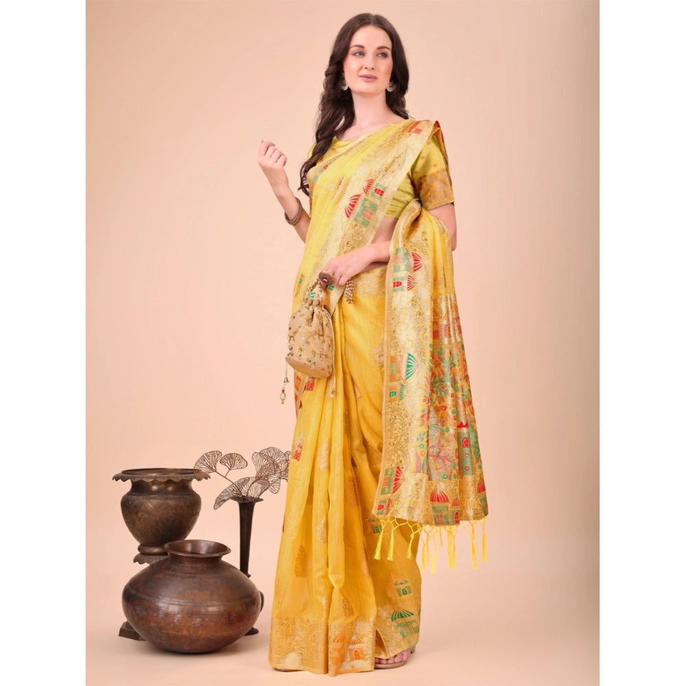 Snuggle Spot Women's Linen Cotton Printed Saree With Unstitched Blouse 5.5Mtr (Yellow)