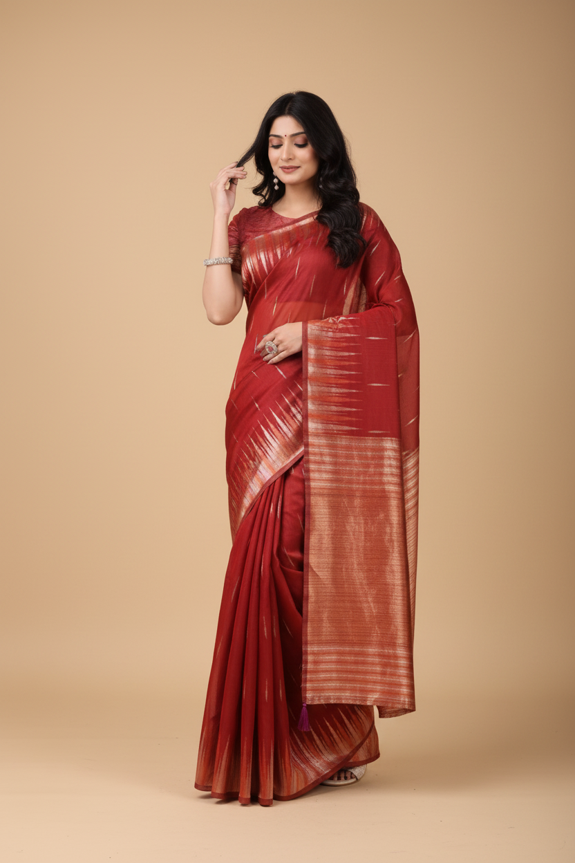Snuggle Spot Women's Linen Cotton Printed Saree With Unstitched Blouse 5.5Mtr (Red)