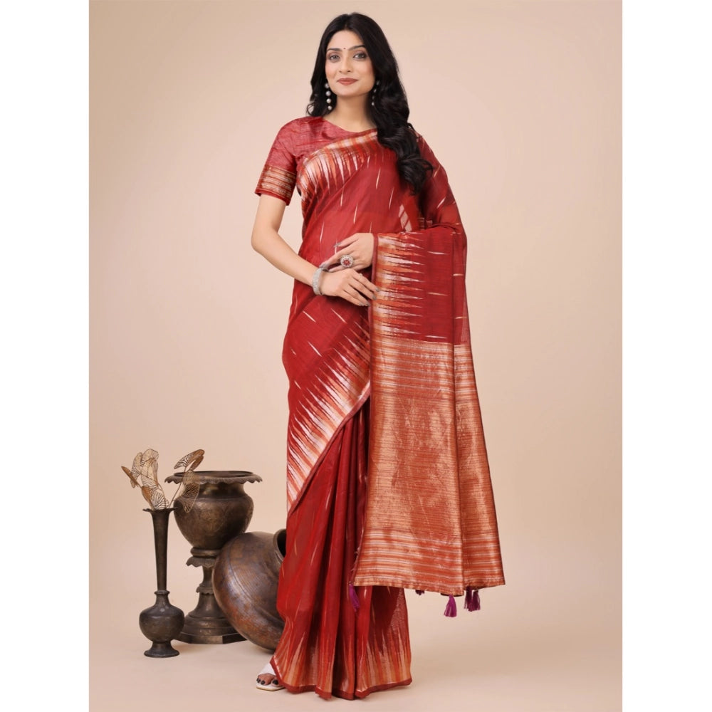 Snuggle Spot Women's Linen Cotton Printed Saree With Unstitched Blouse 5.5Mtr (Red)