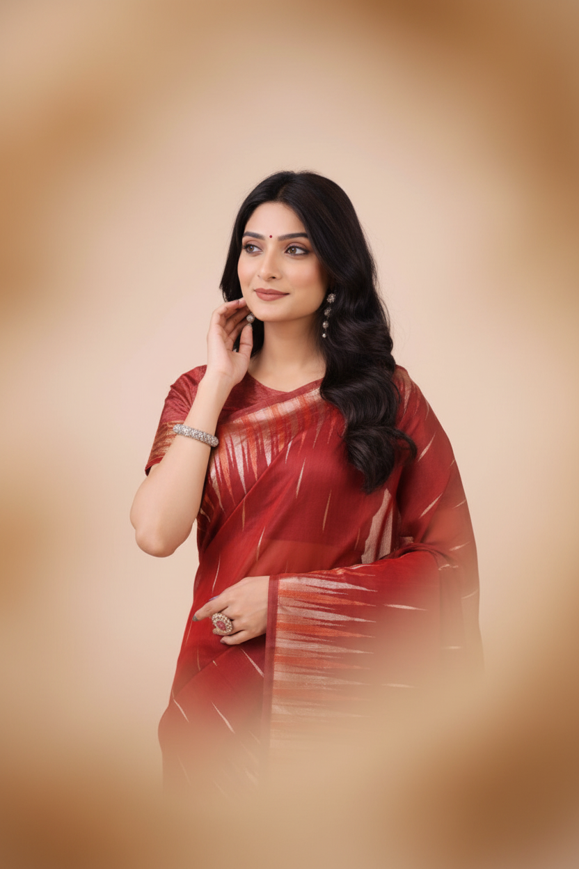 Snuggle Spot Women's Linen Cotton Printed Saree With Unstitched Blouse 5.5Mtr (Red)