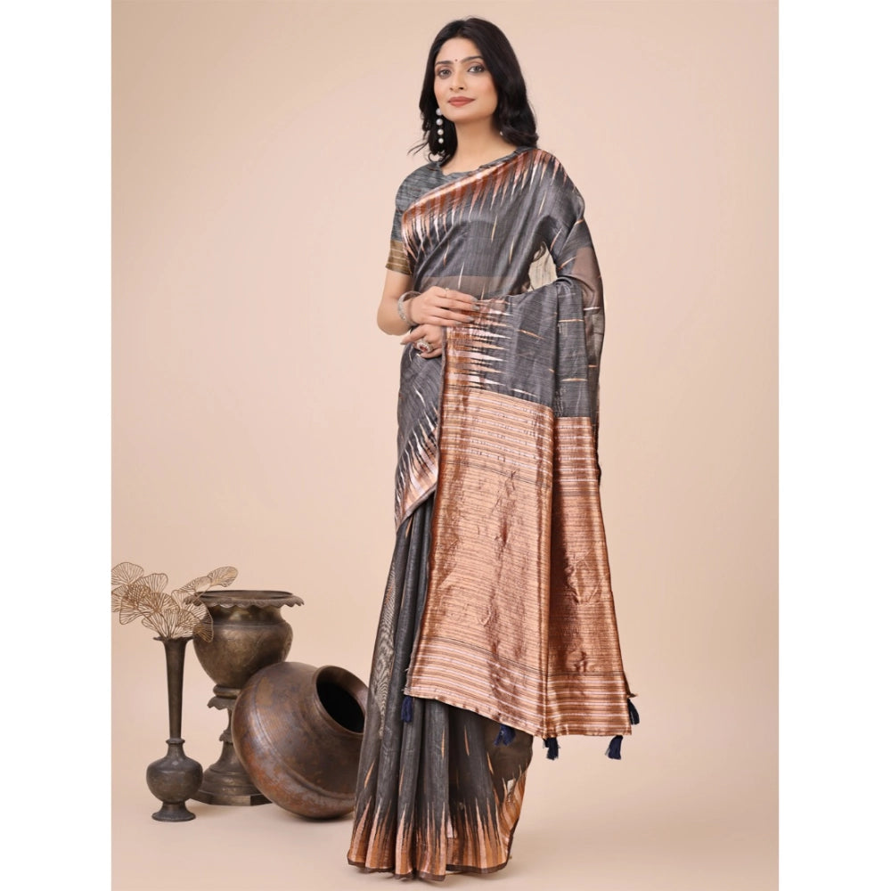Snuggle Spot Women's Linen Cotton Printed Saree With Unstitched Blouse 5.5Mtr (Grey)