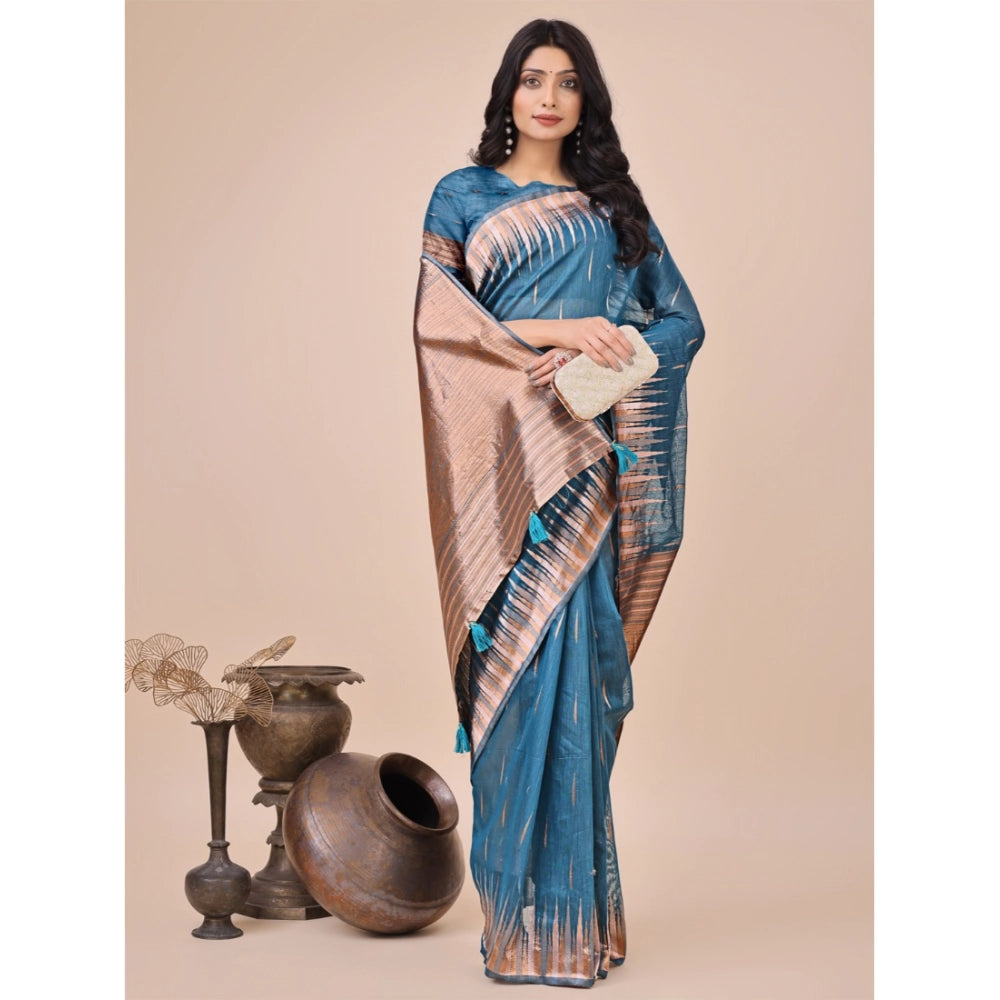 Snuggle Spot Women's Linen Cotton Printed Saree With Unstitched Blouse 5.5Mtr (Blue)