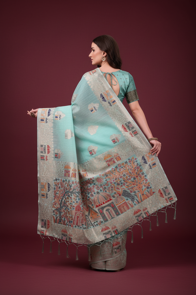 Snuggle Spot Women's Linen Cotton Printed Saree With Unstitched Blouse 5.5Mtr (Sky Blue)