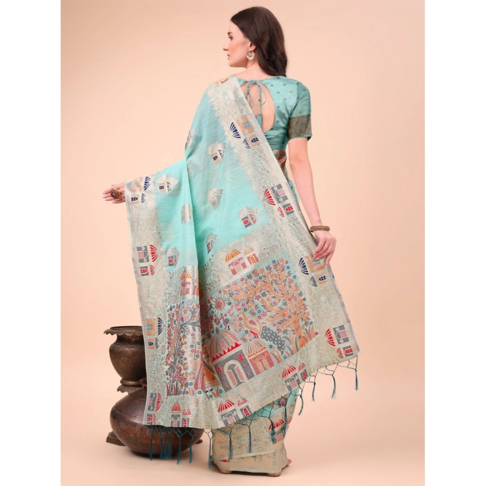 Snuggle Spot Women's Linen Cotton Printed Saree With Unstitched Blouse 5.5Mtr (Sky Blue)