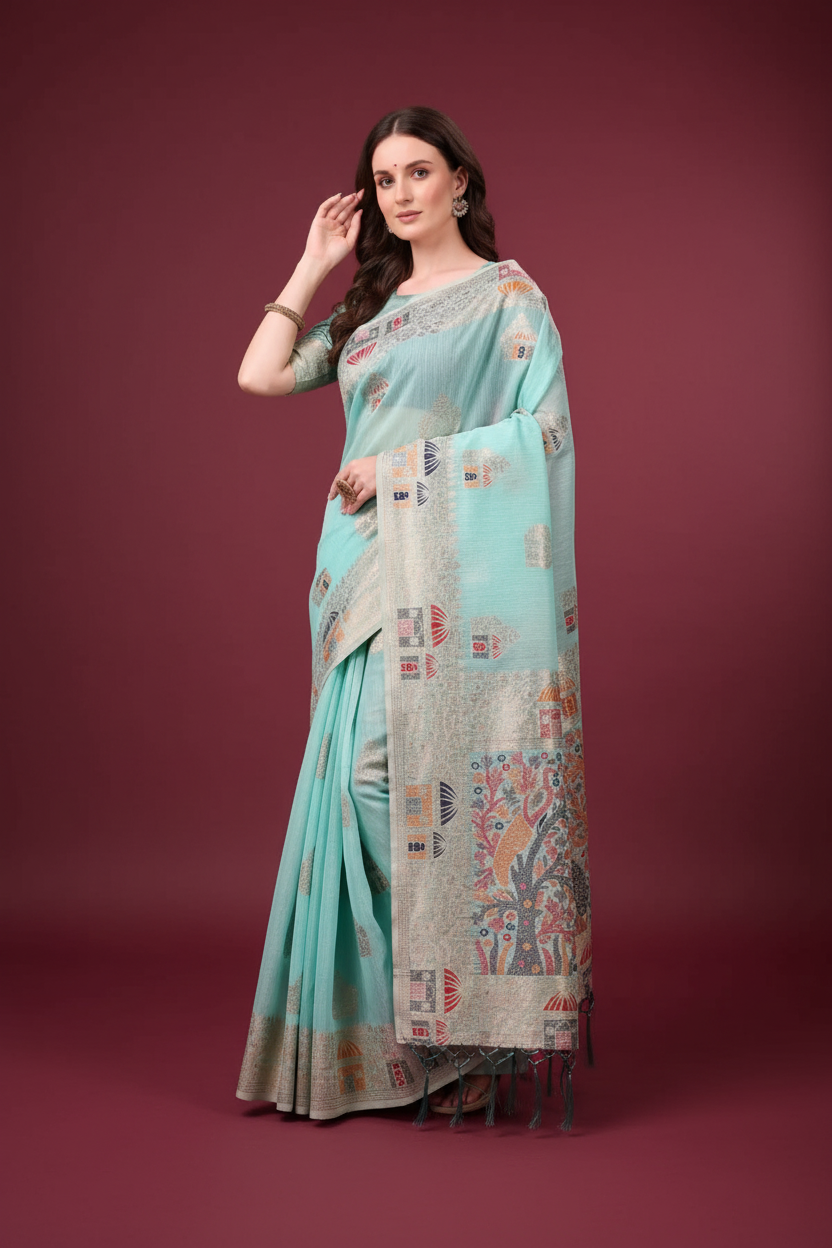 Snuggle Spot Women's Linen Cotton Printed Saree With Unstitched Blouse 5.5Mtr (Sky Blue)