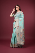 Snuggle Spot Women's Linen Cotton Printed Saree With Unstitched Blouse 5.5Mtr (Sky Blue)
