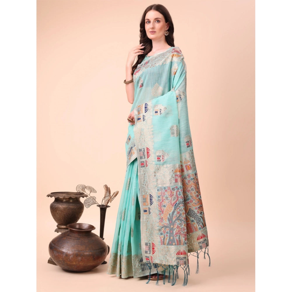 Snuggle Spot Women's Linen Cotton Printed Saree With Unstitched Blouse 5.5Mtr (Sky Blue)