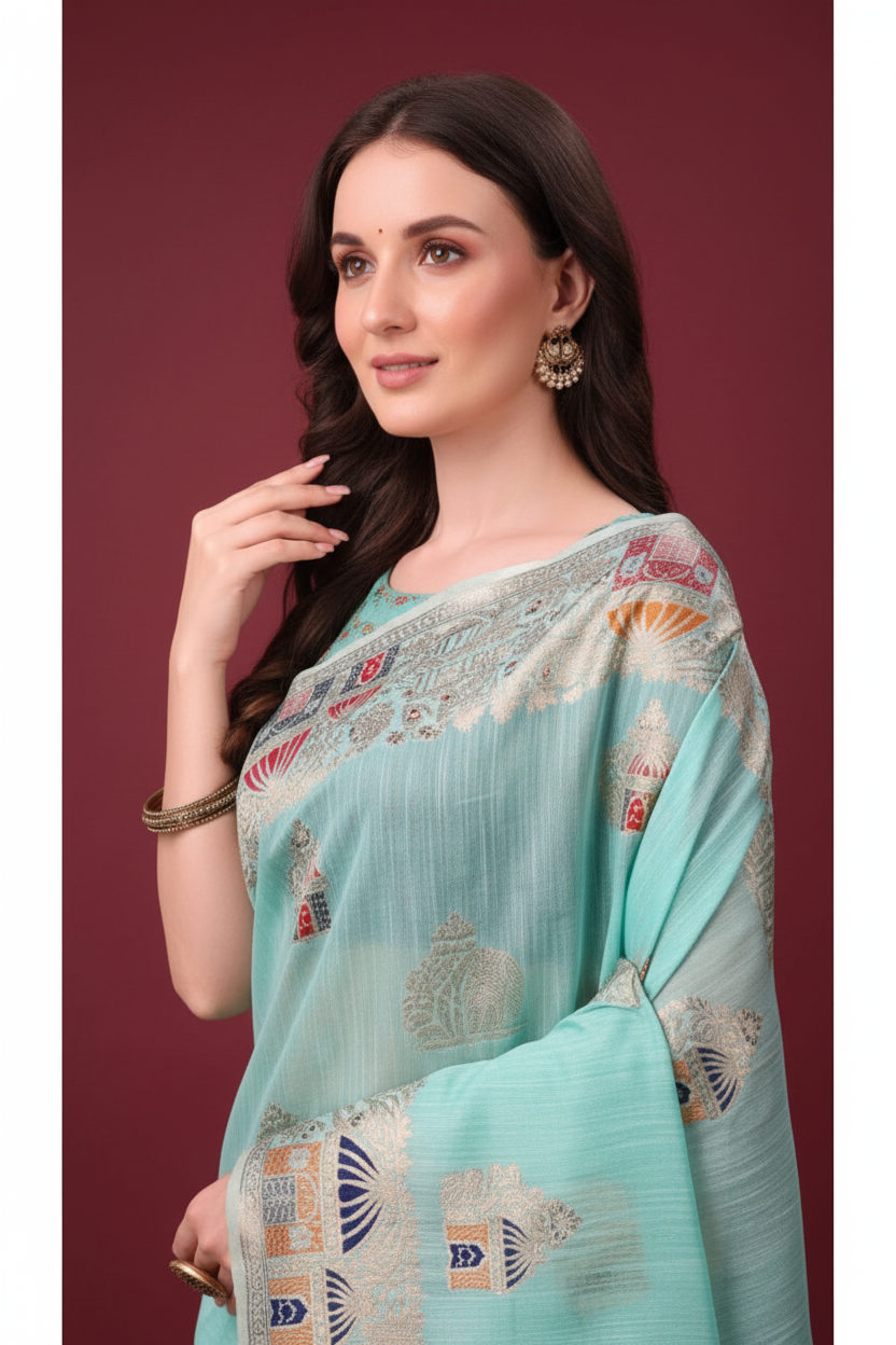 Snuggle Spot Women's Linen Cotton Printed Saree With Unstitched Blouse 5.5Mtr (Sky Blue)