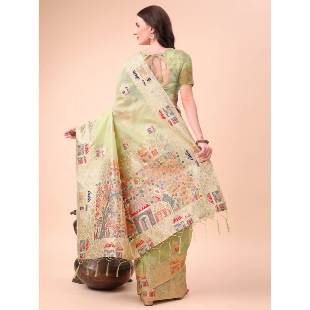 Snuggle Spot Women's Linen Cotton Printed Saree With Unstitched Blouse 5.5Mtr (Light Green)